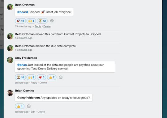 An image showing emoji reactions to comments on a Trello card