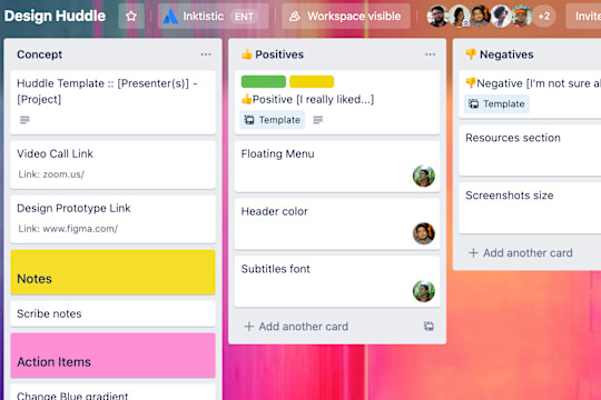 A view of a Trello board depicting three columns for a design huddle - Concept, Positives, Negatives.