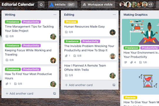 A view of a Trello board outlining some of the phases an editing team might need for collaboration.