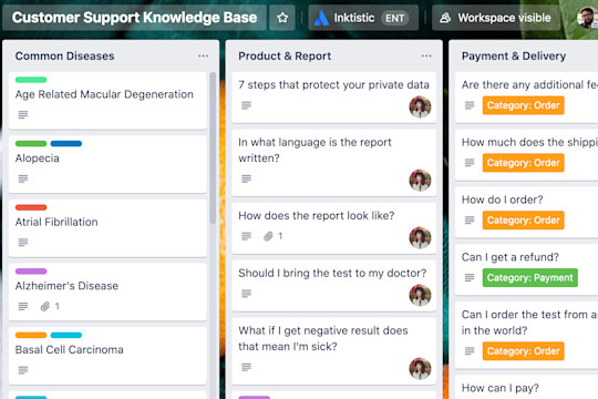 An image of a Trello board depicting how customer support information can be organized into a knowledgebase.