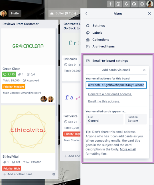 An image showing the Email-to-Board feature on Trello