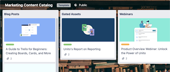 A screenshot of the Marketing Content Catalog template for a Trello board