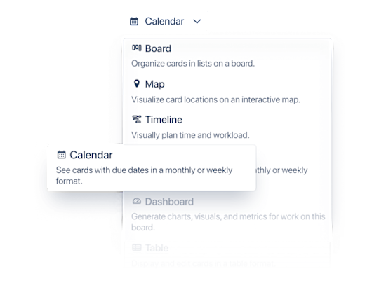 screenshot of Calendar view selected on a Trello board